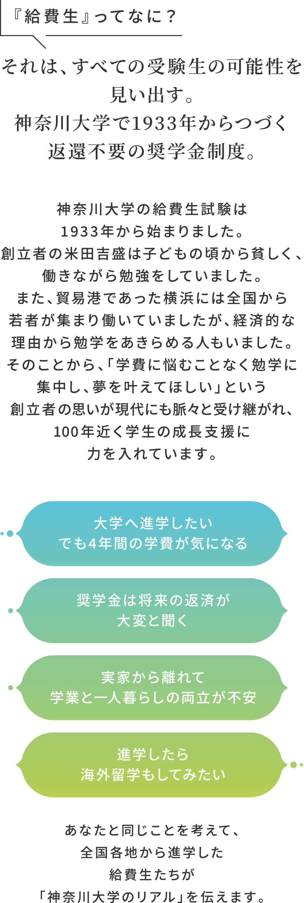 『給費生』ってなに？それは、すべての受験生の可能性を見捨てない。神奈川大学で1933年からつづく返還不要の奨学金制度。あなたと同じことを考えて、全国各地から進学した現役給費生たちが「神奈川大学のリアル」を伝えます。